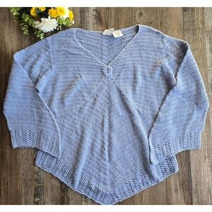 Vintage Y2K Roamans Blue Crochet Knit V Neck Tunic Top Size L Fairycore Boho